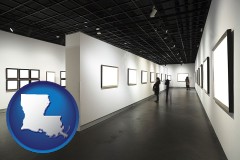 louisiana map icon and people viewing paintings in an art museum