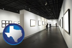 texas map icon and people viewing paintings in an art museum